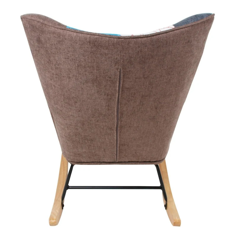 Mid Century Fabric Rocker Chair with Wood Legs and Patchwork Linen