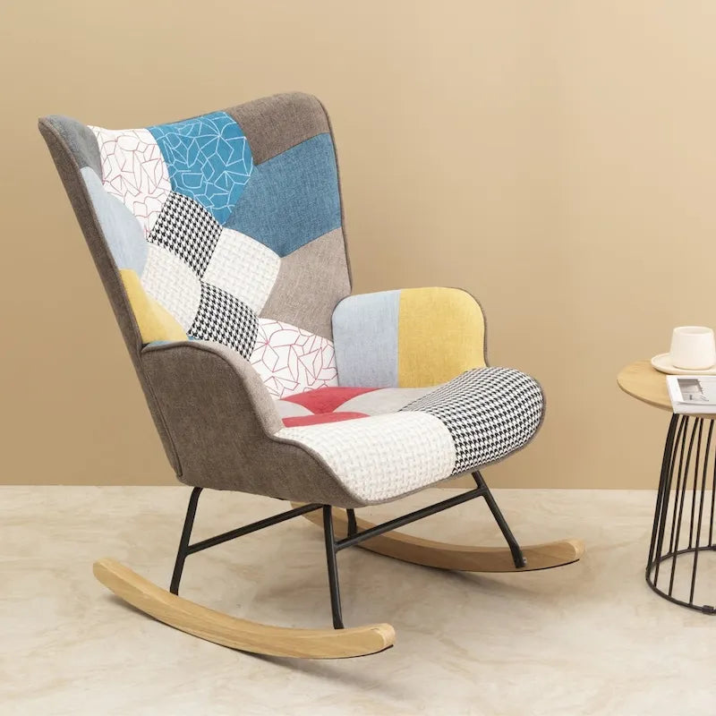 Mid Century Fabric Rocker Chair with Wood Legs and Patchwork Linen