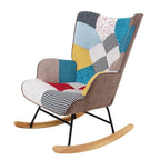 Mid Century Fabric Rocker Chair with Wood Legs and Patchwork Linen