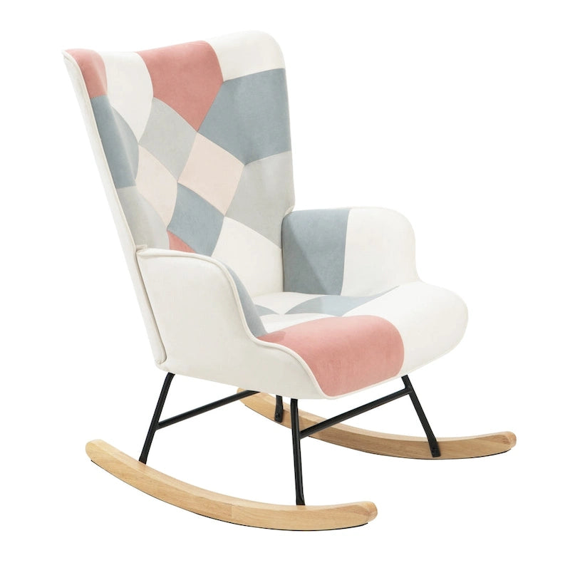 Mid Century Fabric Rocker Chair with Wood Legs and Patchwork Linen