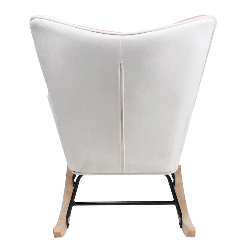 Mid Century Fabric Rocker Chair with Wood Legs and Patchwork Linen