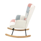 Mid Century Fabric Rocker Chair with Wood Legs and Patchwork Linen