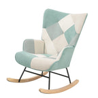 Mid Century Fabric Rocker Chair with Wood Legs and Patchwork Linen