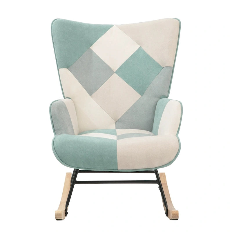 Mid Century Fabric Rocker Chair with Wood Legs and Patchwork Linen