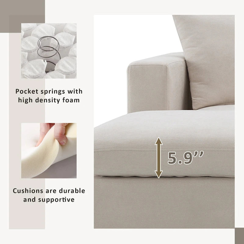 L-shaped Polyester Fabric Couch Set with 2 Free Pillows and Convertible Ottoman