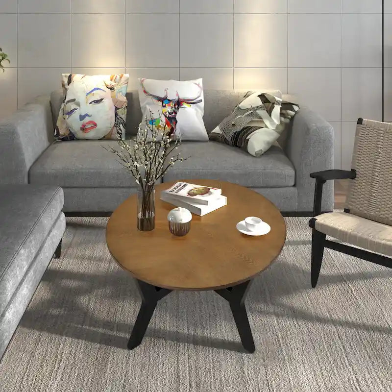 Farmhouse Wood Round Coffee Table with 4 Soild Wood Legs