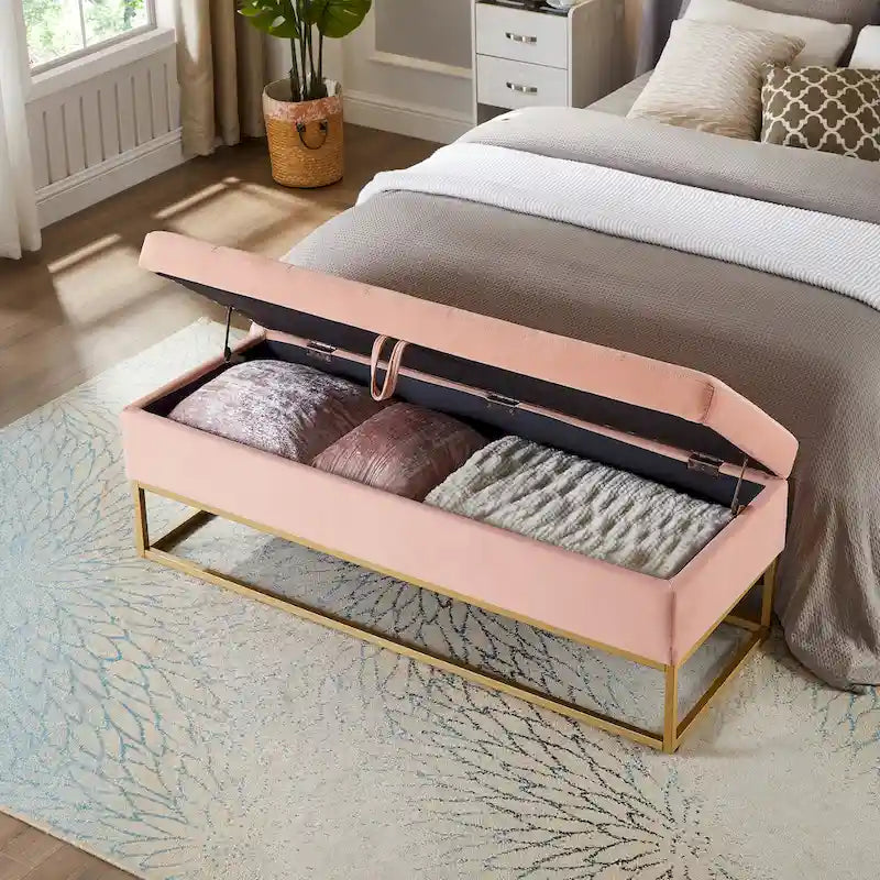 Button Tufting Velvet Storage Bench with Gold Metal Base