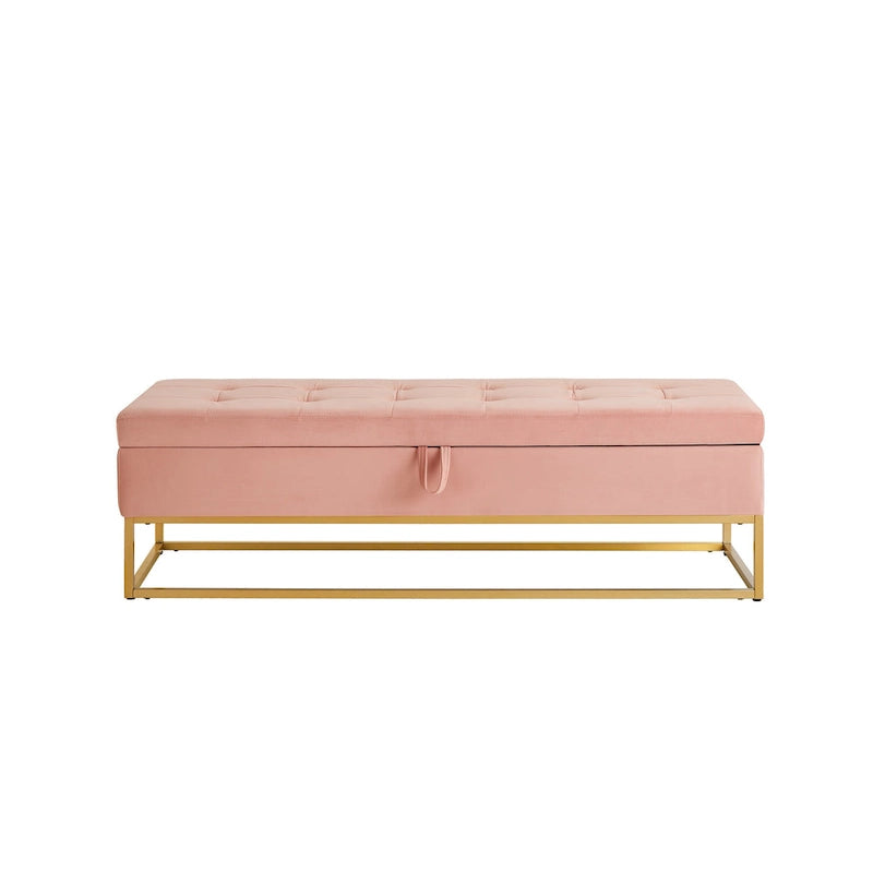 Button Tufting Velvet Storage Bench with Gold Metal Base