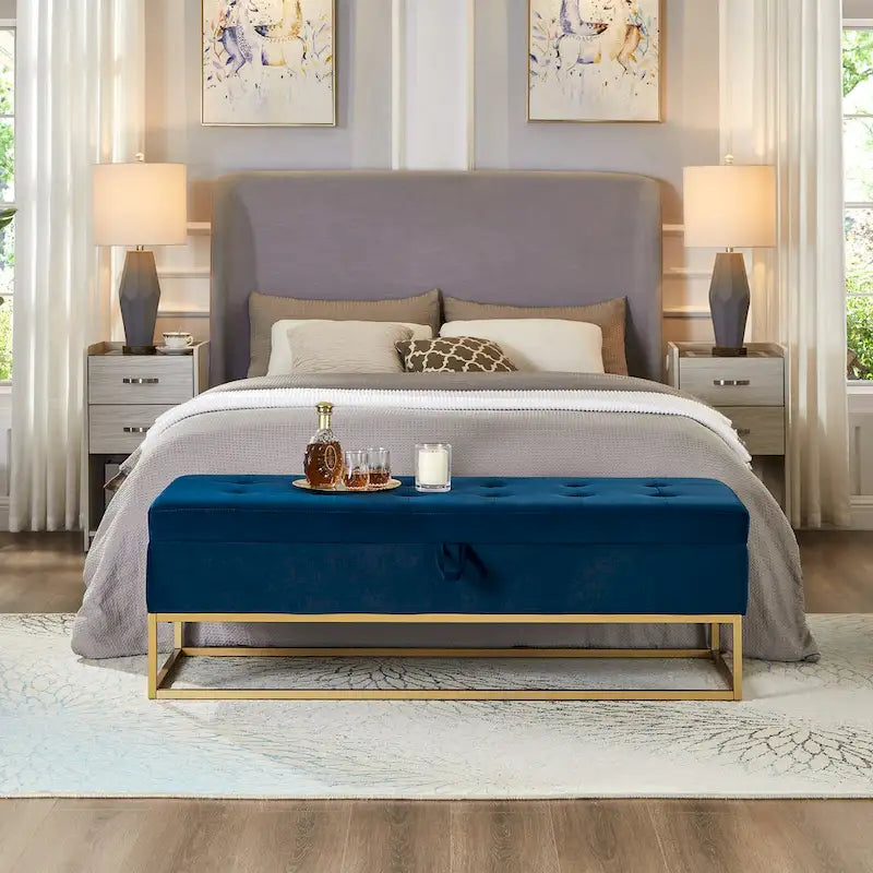 Button Tufting Velvet Storage Bench with Gold Metal Base