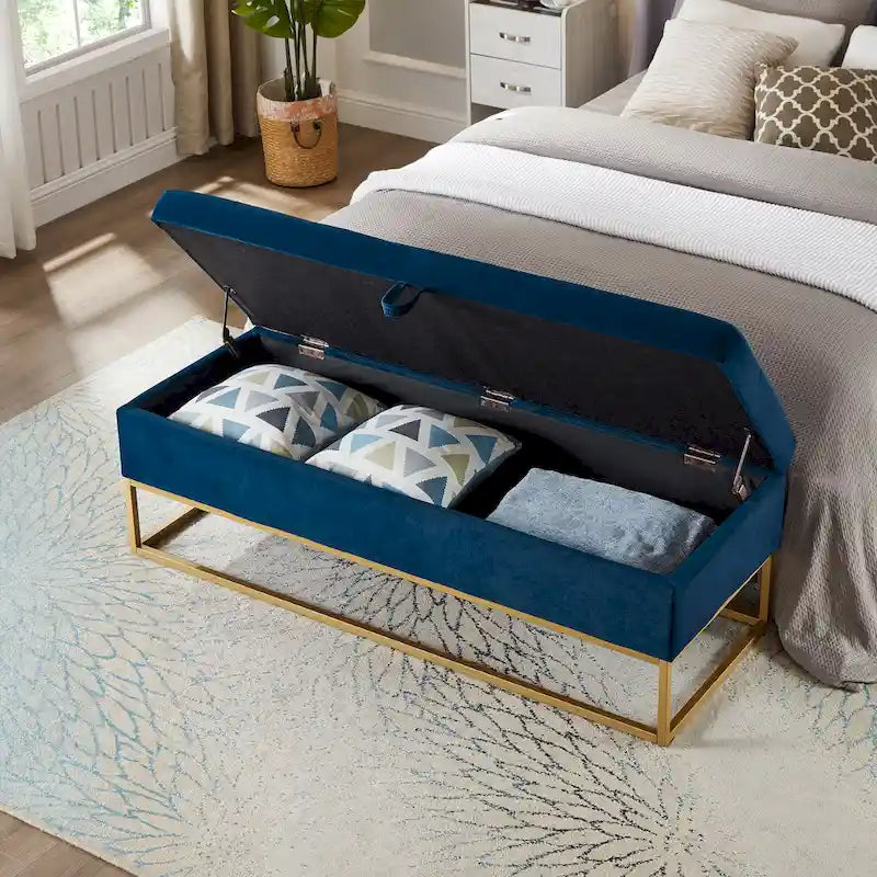 Button Tufting Velvet Storage Bench with Gold Metal Base