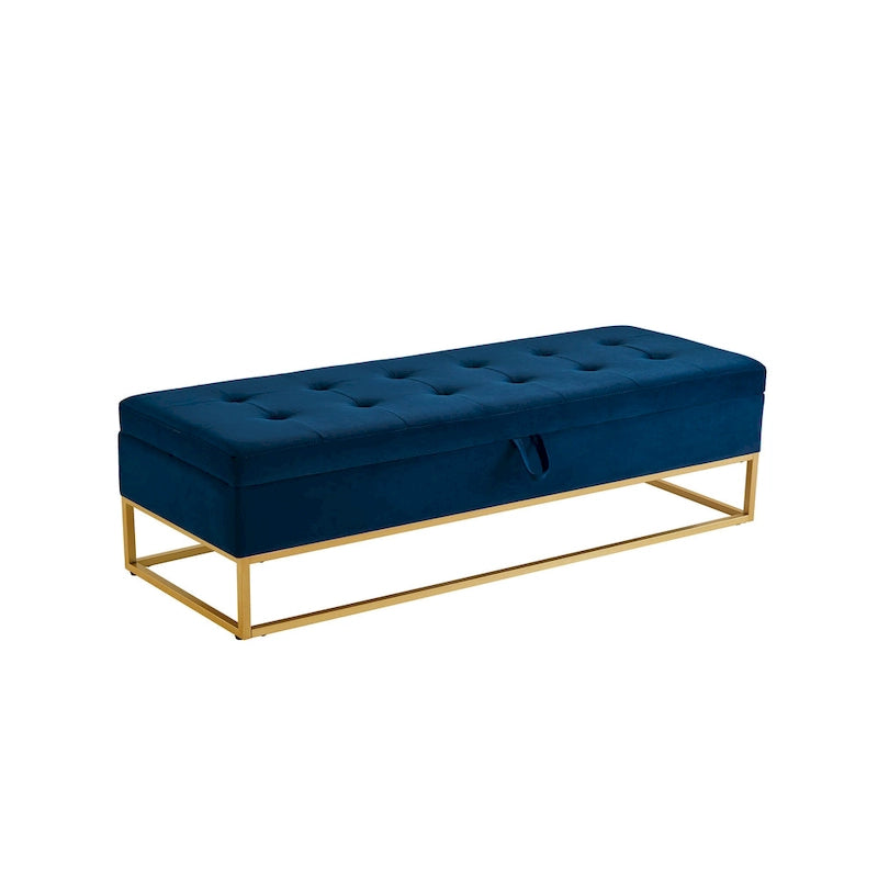 Button Tufting Velvet Storage Bench with Gold Metal Base