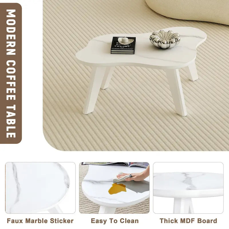 Modern Cloud Shaped White Coffee Table with Solid Wood Legs