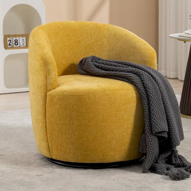 Yellow Chenille Modern 25.6  Swivel Barrel Chair with Metal Ring