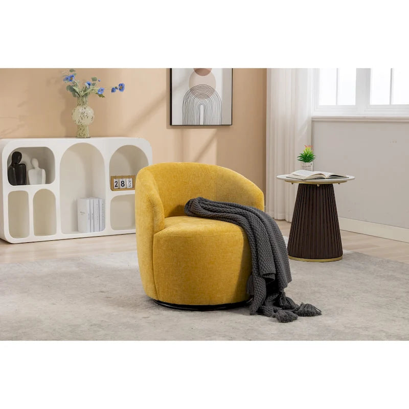 Yellow Chenille Modern 25.6  Swivel Barrel Chair with Metal Ring