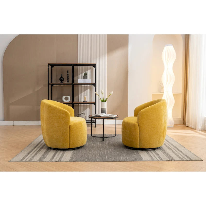 Yellow Chenille Modern 25.6  Swivel Barrel Chair with Metal Ring