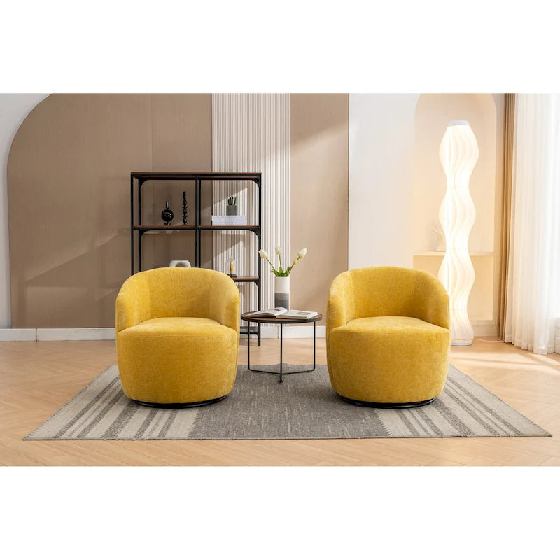 Yellow Chenille Modern 25.6  Swivel Barrel Chair with Metal Ring