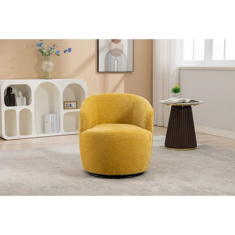 Yellow Chenille Modern 25.6  Swivel Barrel Chair with Metal Ring