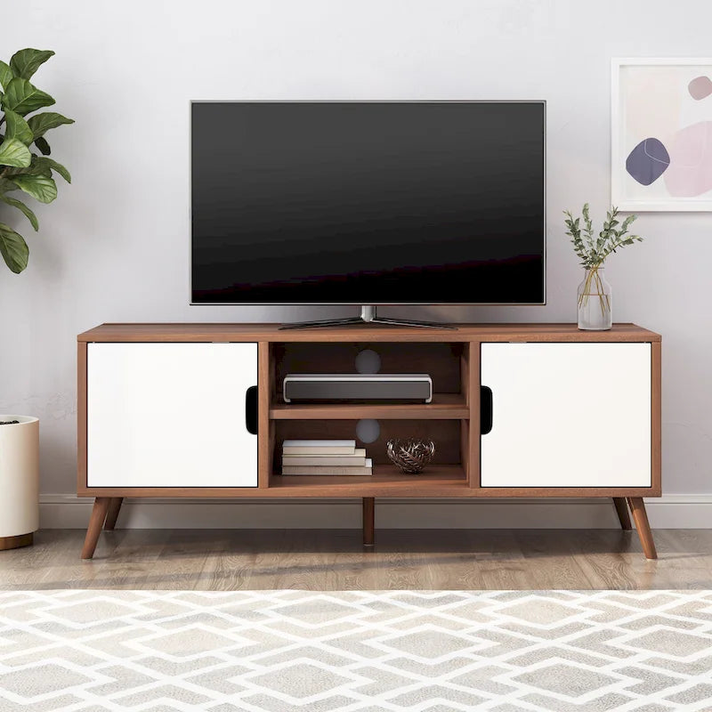 Mid-Century Modern White and Walnut TV Stand with 3 Drawers for TVs Up to 49
