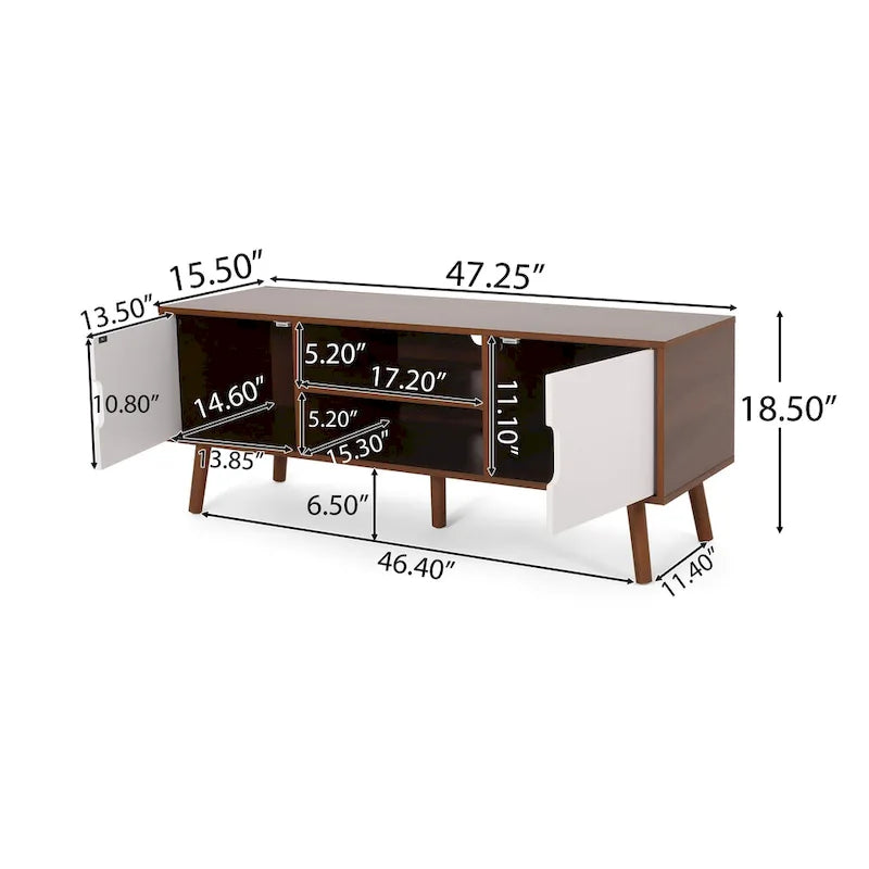 Mid-Century Modern White and Walnut TV Stand with 3 Drawers for TVs Up to 49
