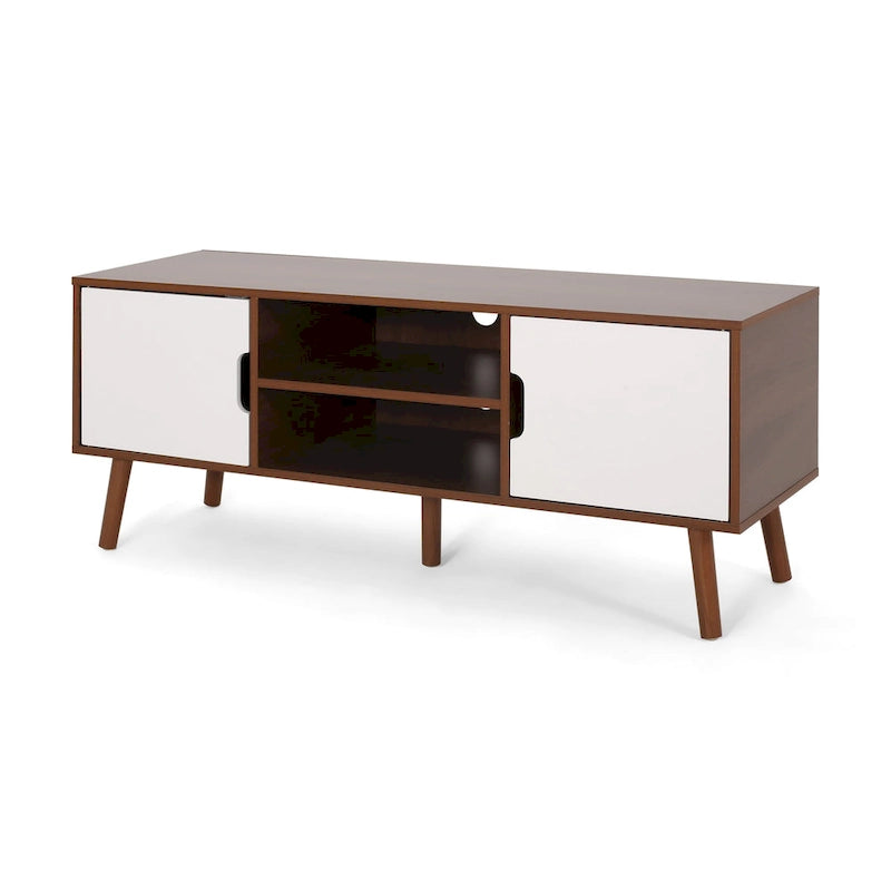 Mid-Century Modern White and Walnut TV Stand with 3 Drawers for TVs Up to 49