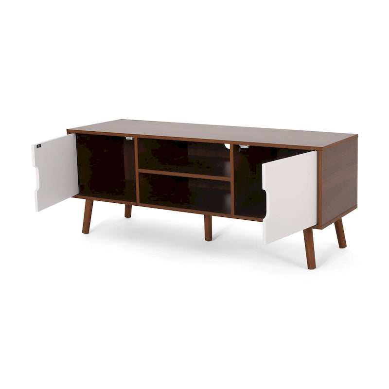 Mid-Century Modern White and Walnut TV Stand with 3 Drawers for TVs Up to 49