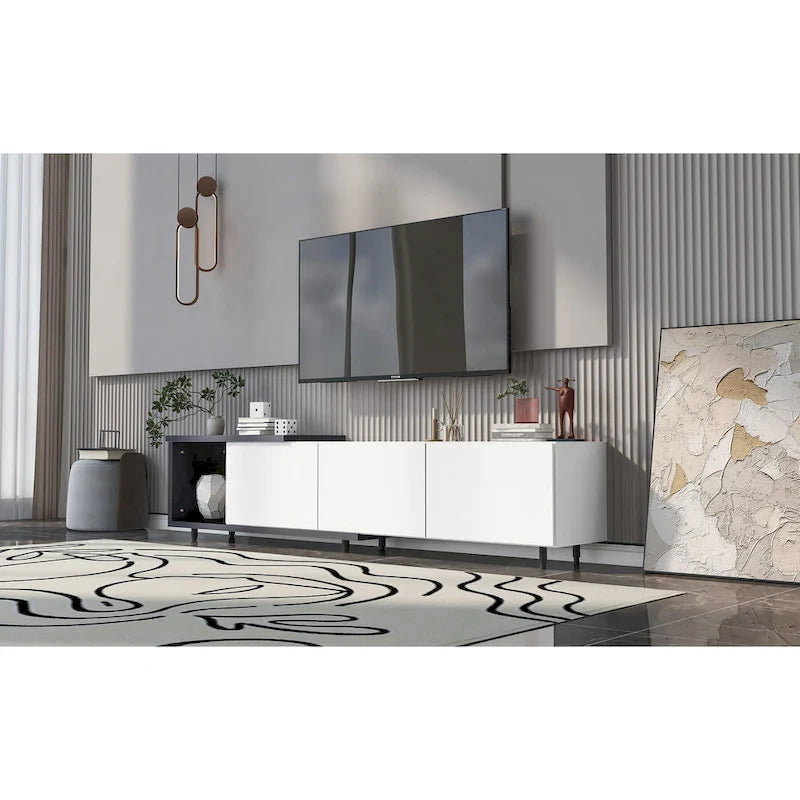 White Modern Extendable TV Stand with 3 Drawers and Shelf for TVs Up to 80
