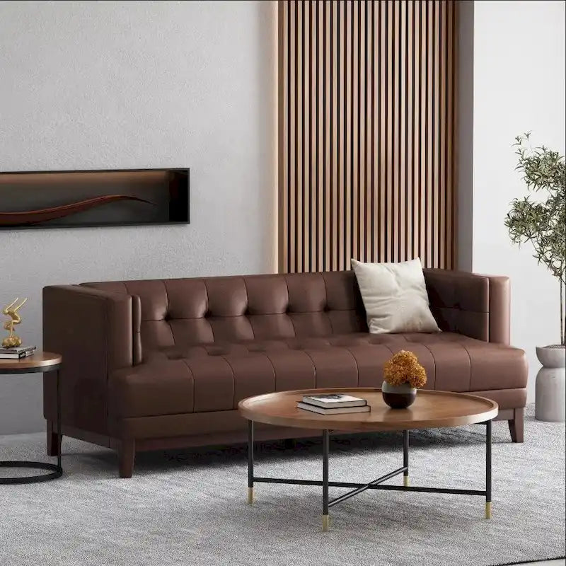 Dark Brown 80.75  Modern Button Tufted 3-Seater Sofa with Wood Legs