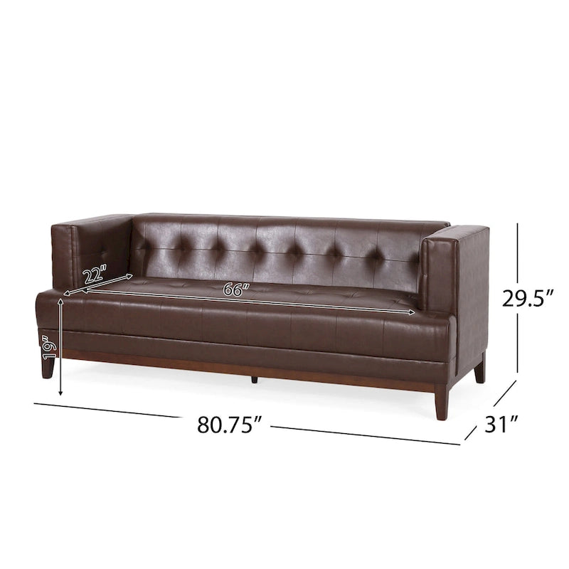 Dark Brown 80.75  Modern Button Tufted 3-Seater Sofa with Wood Legs