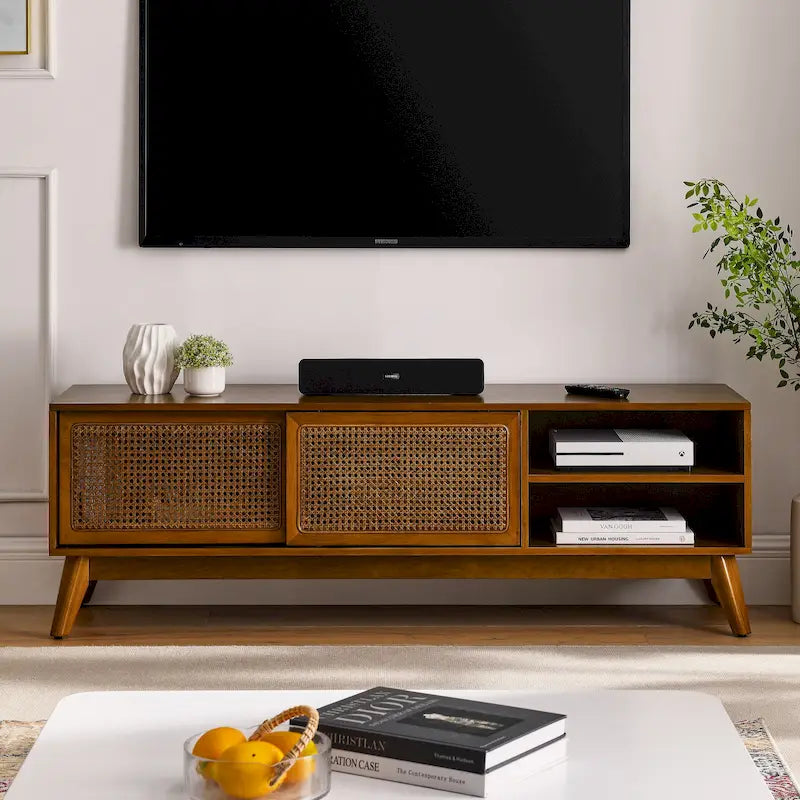 59  TV Stand with Open Shelves & Rattan Doors for 65  TVs
