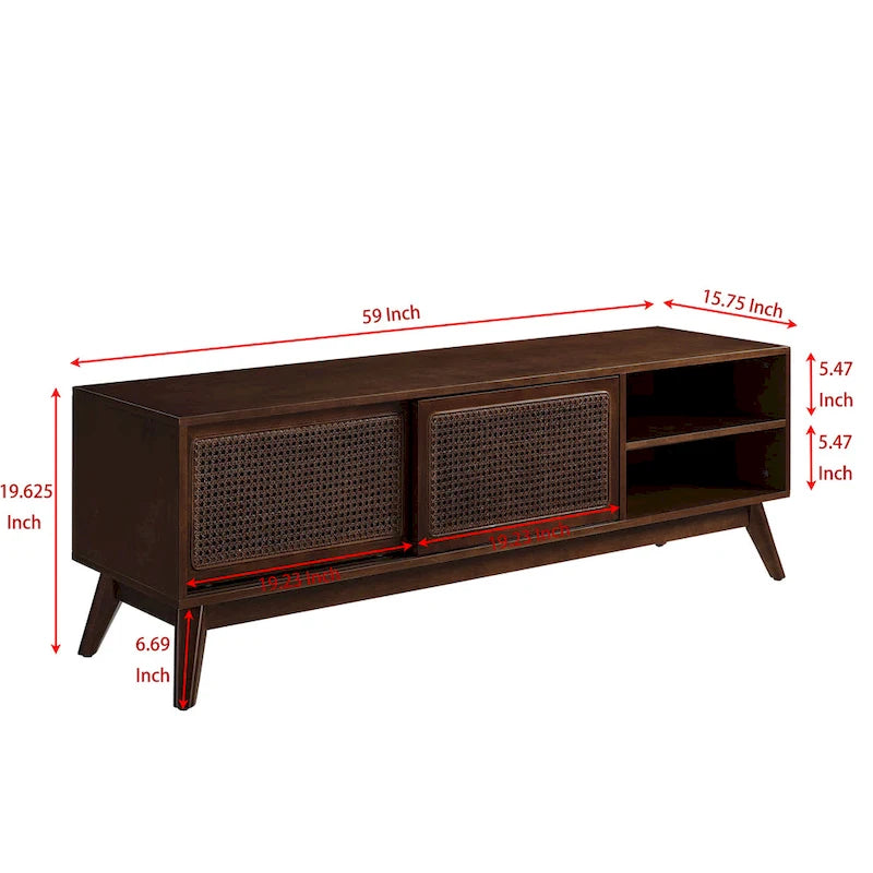 59  TV Stand with Open Shelves & Rattan Doors for 65  TVs