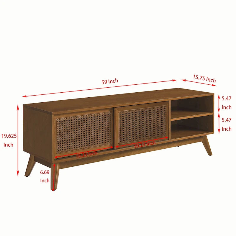 59  TV Stand with Open Shelves & Rattan Doors for 65  TVs