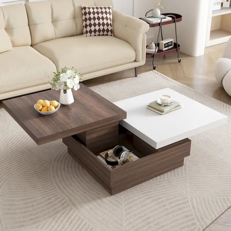Rotatable Top Coffee Table, Modern Square Coffee Table with Wood Grain Design, 1 Hidden Storage Space for Living Room