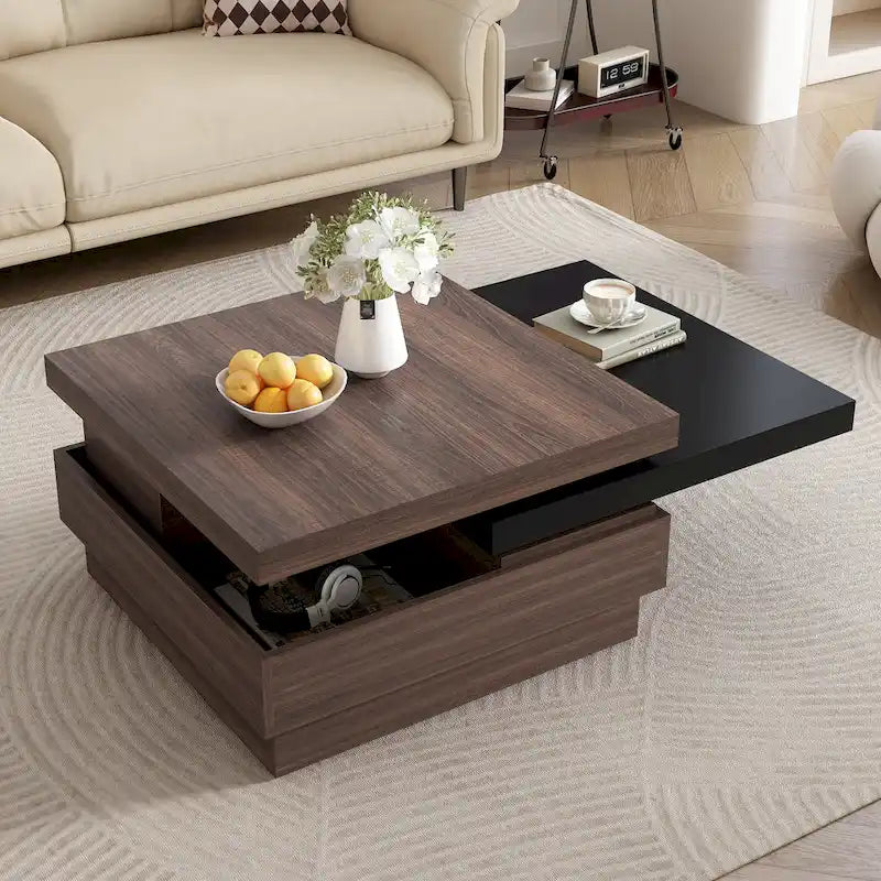 Rotatable Top Coffee Table, Modern Square Coffee Table with Wood Grain Design, 1 Hidden Storage Space for Living Room