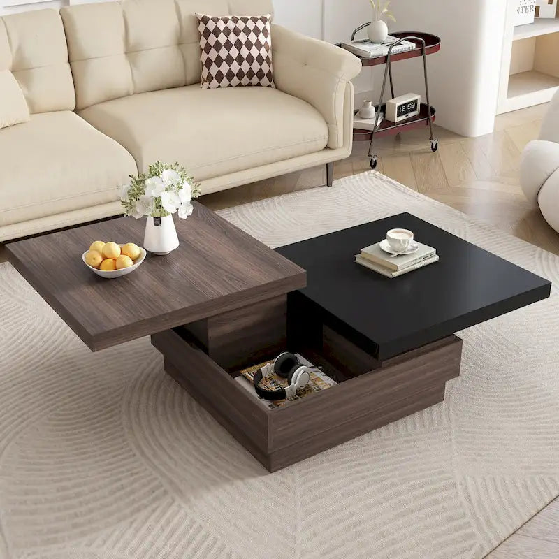 Rotatable Top Coffee Table, Modern Square Coffee Table with Wood Grain Design, 1 Hidden Storage Space for Living Room