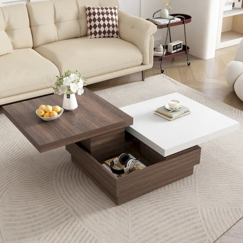 Rotatable Top Coffee Table, Modern Square Coffee Table with Wood Grain Design, 1 Hidden Storage Space for Living Room