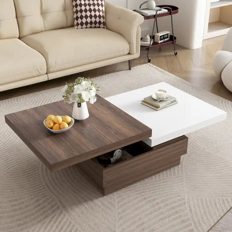 Rotatable Top Coffee Table, Modern Square Coffee Table with Wood Grain Design, 1 Hidden Storage Space for Living Room