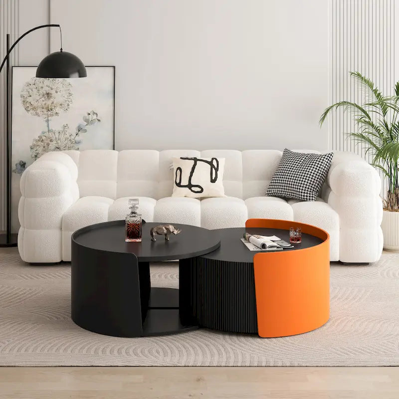 Nesting Coffee Table, Round Nesting Tables and End Tables for Small Space, Modern Side Tables with Extendable Sliding Tabletop