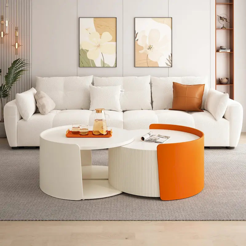 Nesting Coffee Table, Round Nesting Tables and End Tables for Small Space, Modern Side Tables with Extendable Sliding Tabletop