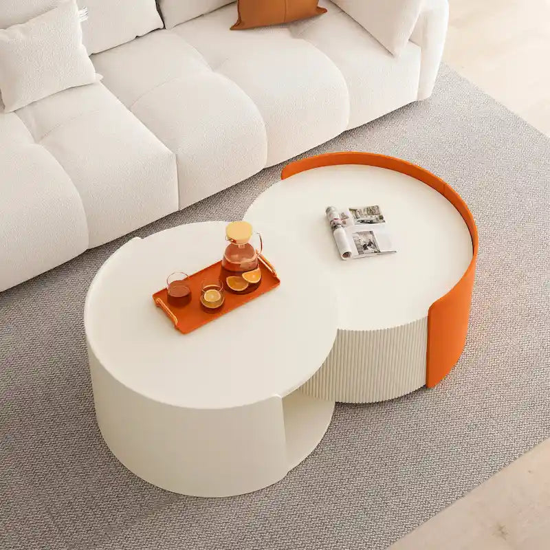 Nesting Coffee Table, Round Nesting Tables and End Tables for Small Space, Modern Side Tables with Extendable Sliding Tabletop