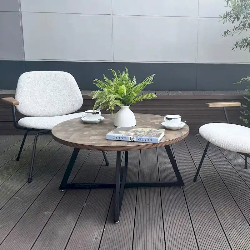 Round Coffee Table Wood Grain and Black Metal