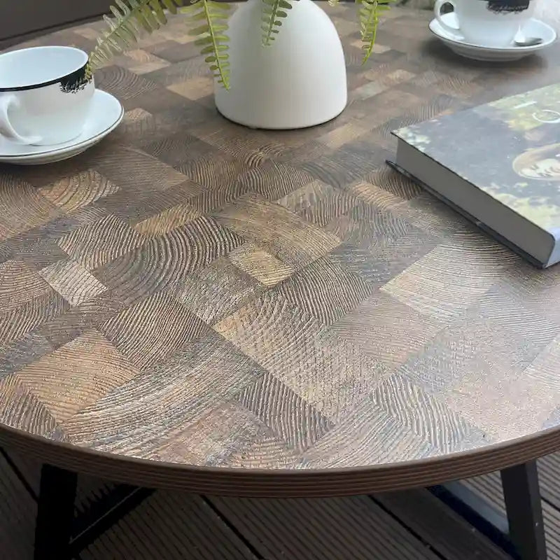 Round Coffee Table Wood Grain and Black Metal