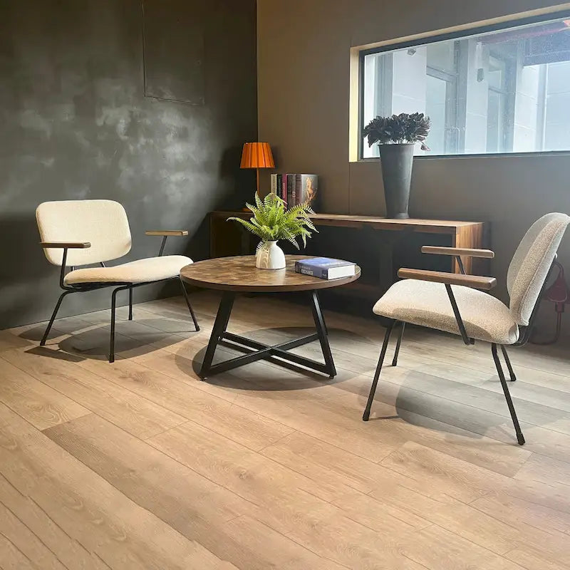 Round Coffee Table Wood Grain and Black Metal