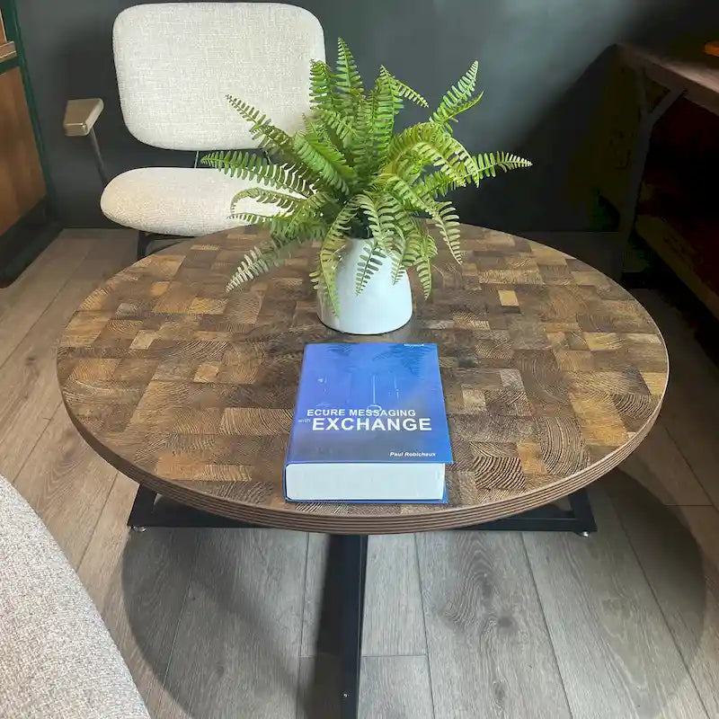 Round Coffee Table Wood Grain and Black Metal