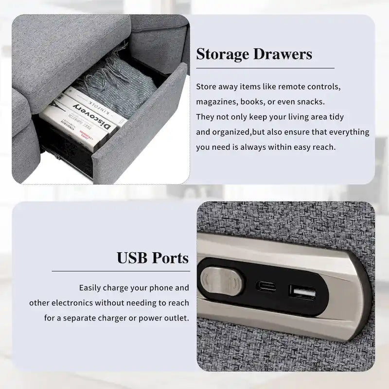 89  Power Recliner Sectional Sofa Home Theater Reclining Sofa with Two USB Ports, Two Storage Drawers for Living Room, Beige