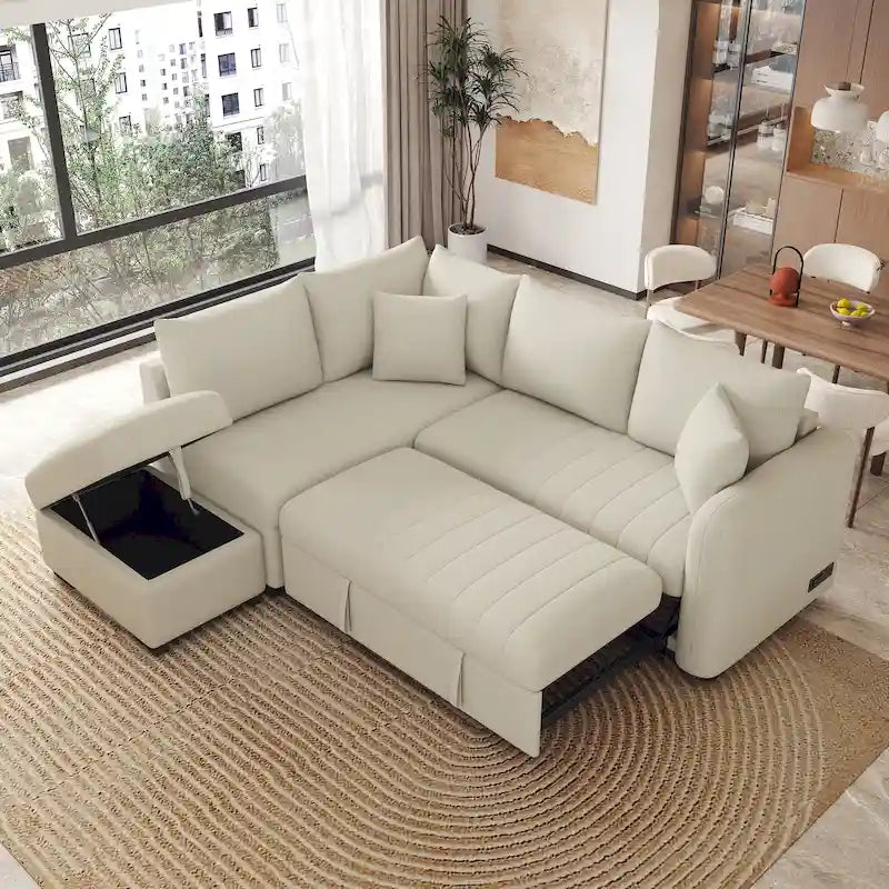 L-shaped Sectional Pull Out Sofa Bed Sleeper Sofa with Two USB Ports, Two Power Sockets