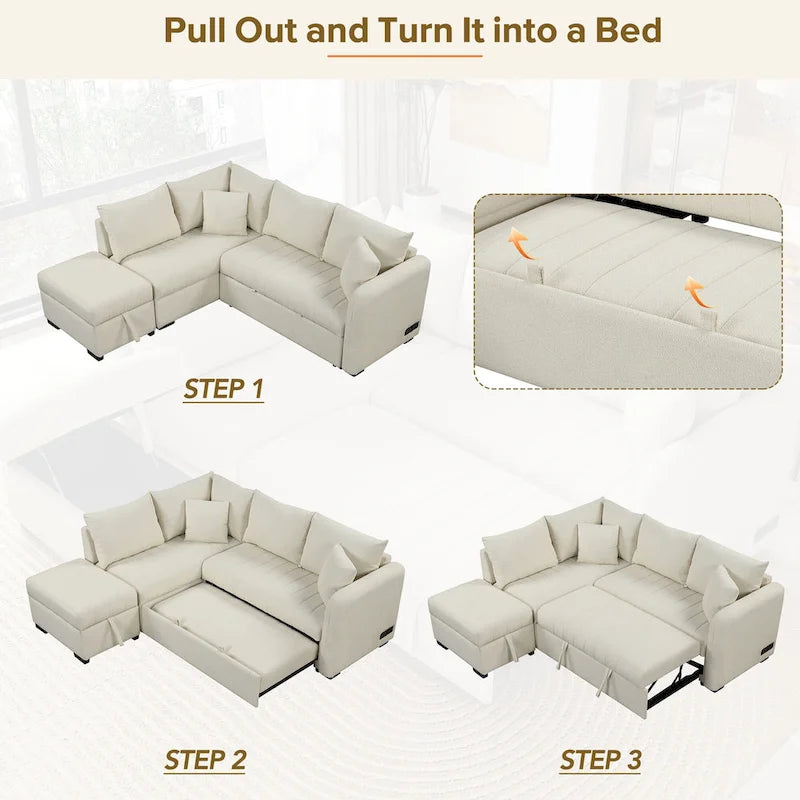 L-shaped Sectional Pull Out Sofa Bed Sleeper Sofa with Two USB Ports, Two Power Sockets