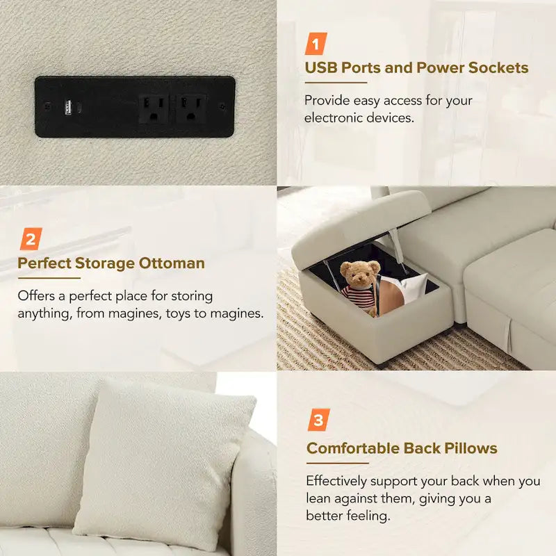 L-shaped Sectional Pull Out Sofa Bed Sleeper Sofa with Two USB Ports, Two Power Sockets
