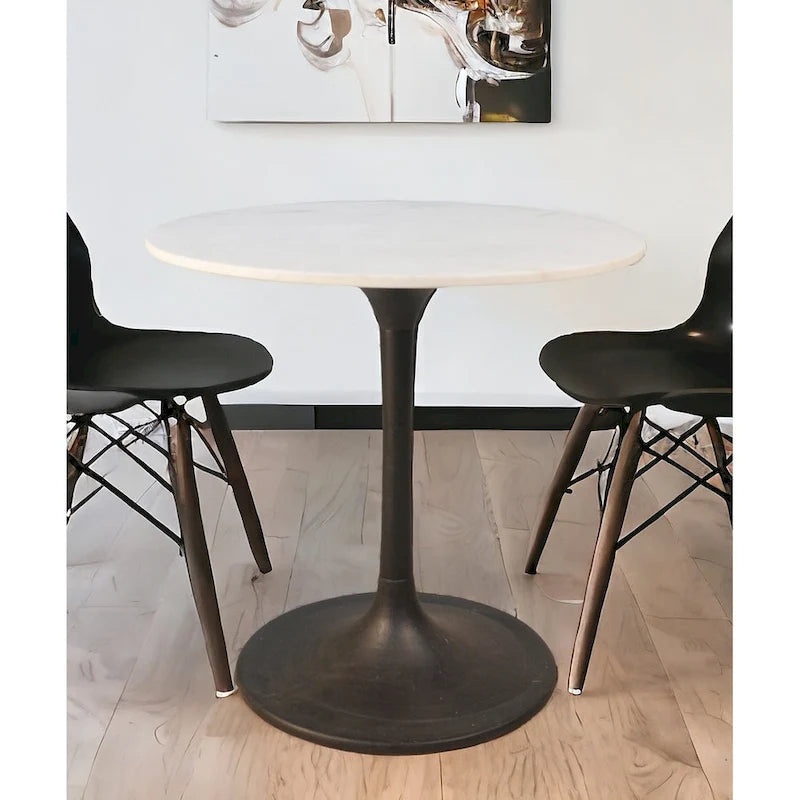30  White And Black Rounded Marble And Iron Pedestal Base Dining Table