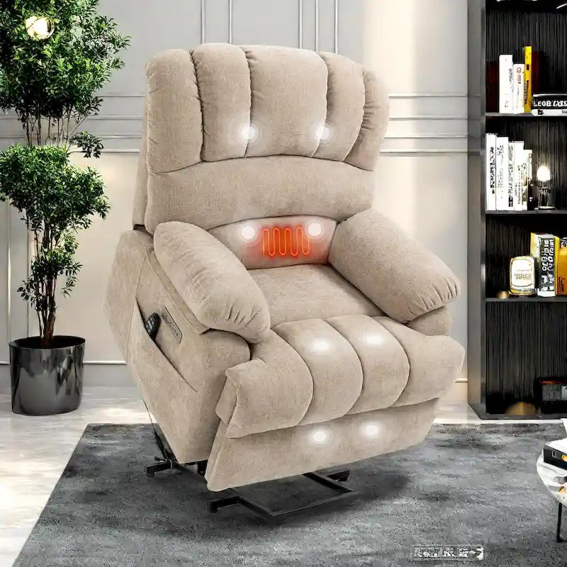 Oversized Chenille Power Lift Recliner Chair with Massage and Lumbar Heating, USB Charge Port