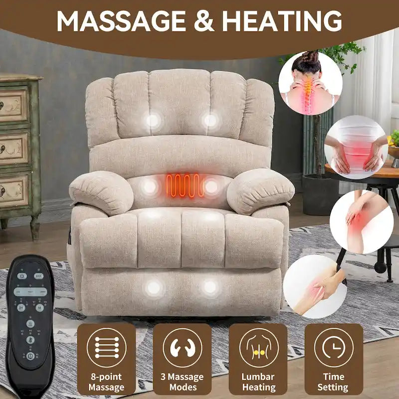 Oversized Chenille Power Lift Recliner Chair with Massage and Lumbar Heating, USB Charge Port